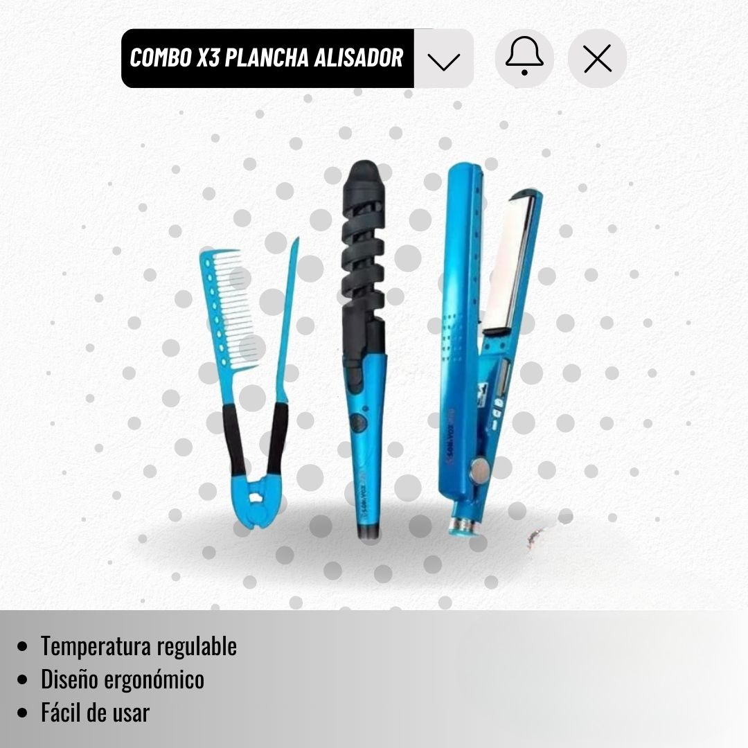 Super Combo 3X1 Plancha Digital + Rizador + Peine + Envío Grátis